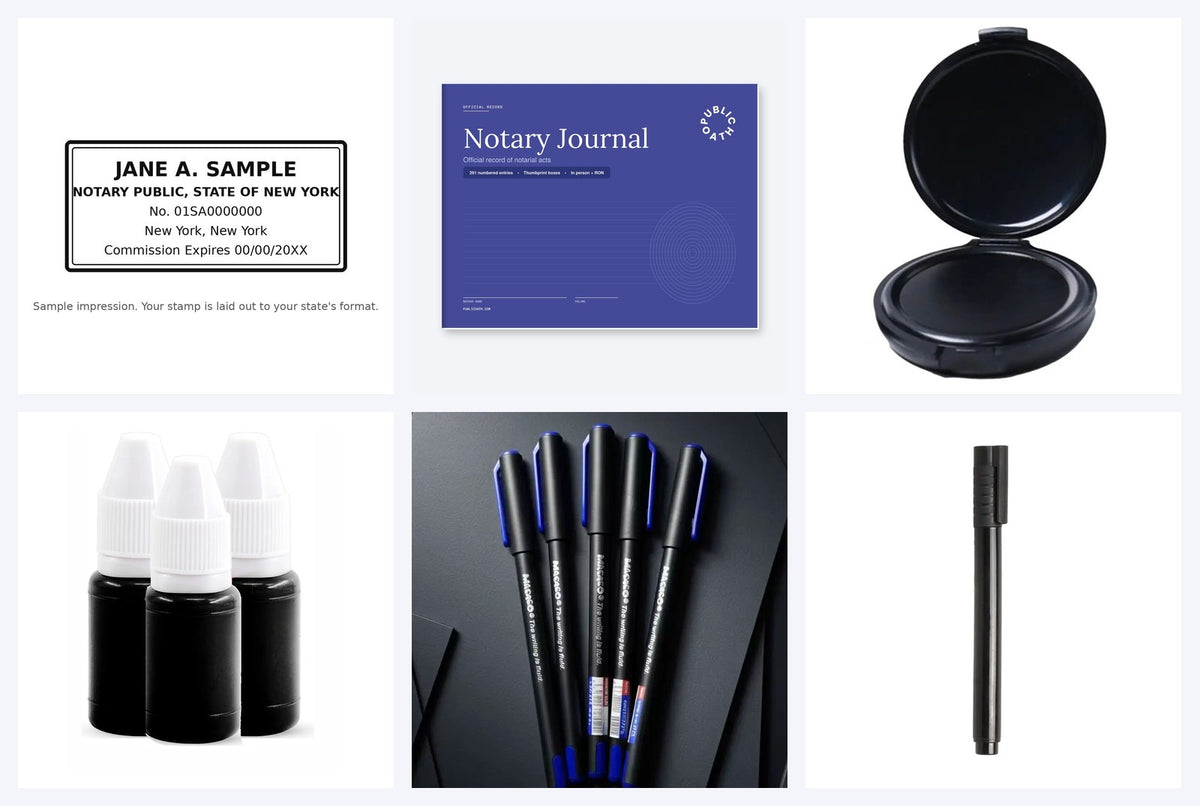 Basic Mobile Notary Kit contents: stamp, journal, black thumbprint pad, stamp ink refill, signing pens and counterfeit detection pen