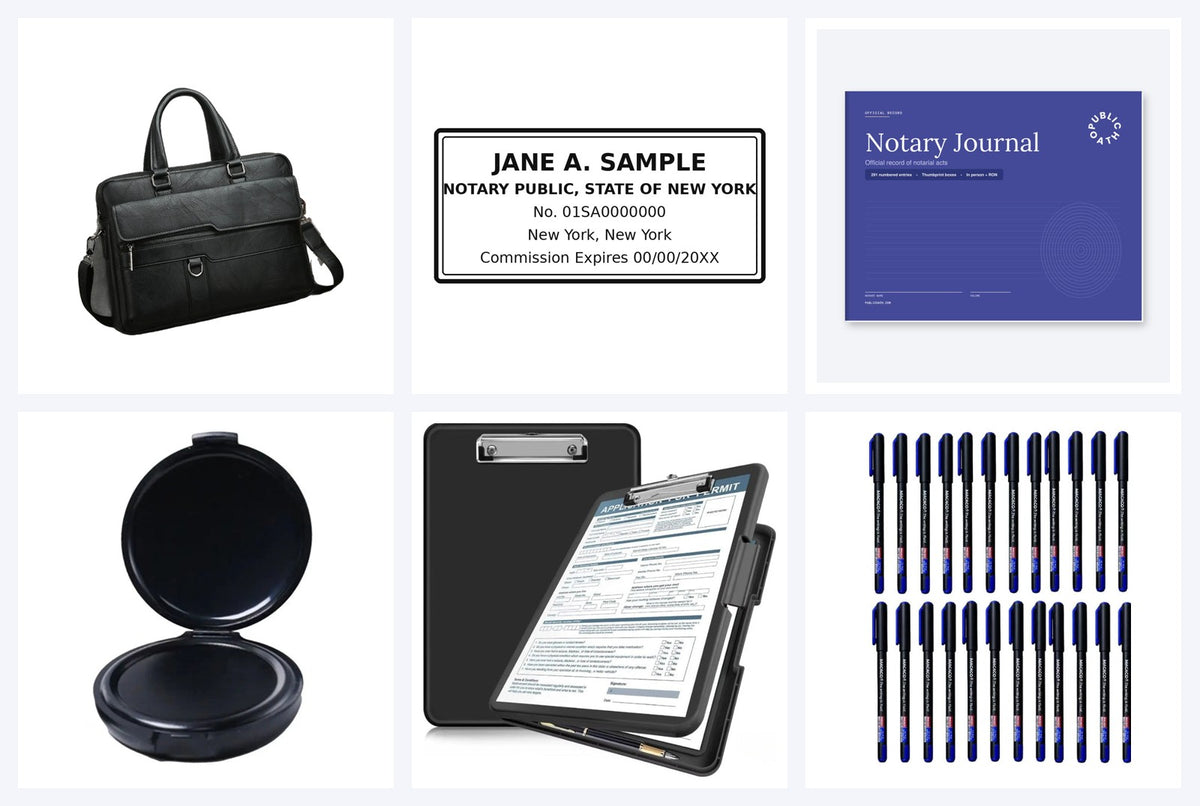 Mobile Notary Document Kit contents: stamp, journal, briefcase, clipboard, pens and black thumbprint pad