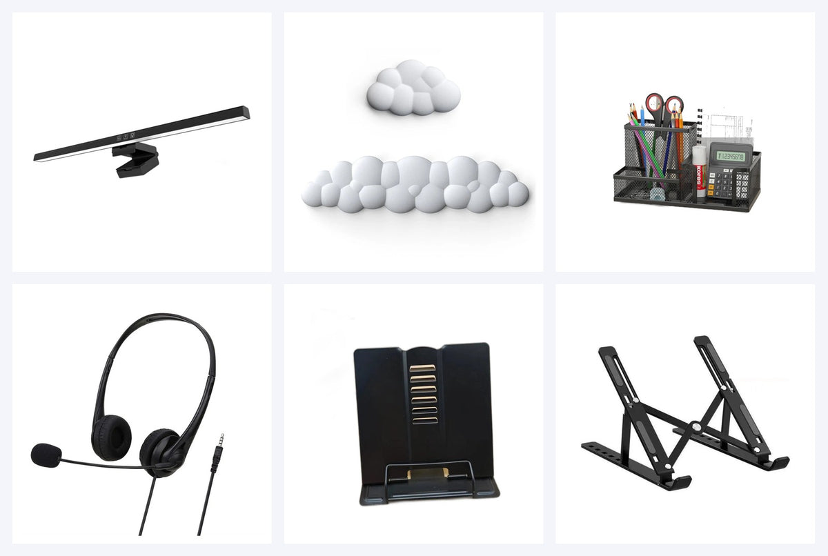 RON Studio Kit contents: light bar, cloud wrist rests, desk organizer, headset, document stand and laptop stand