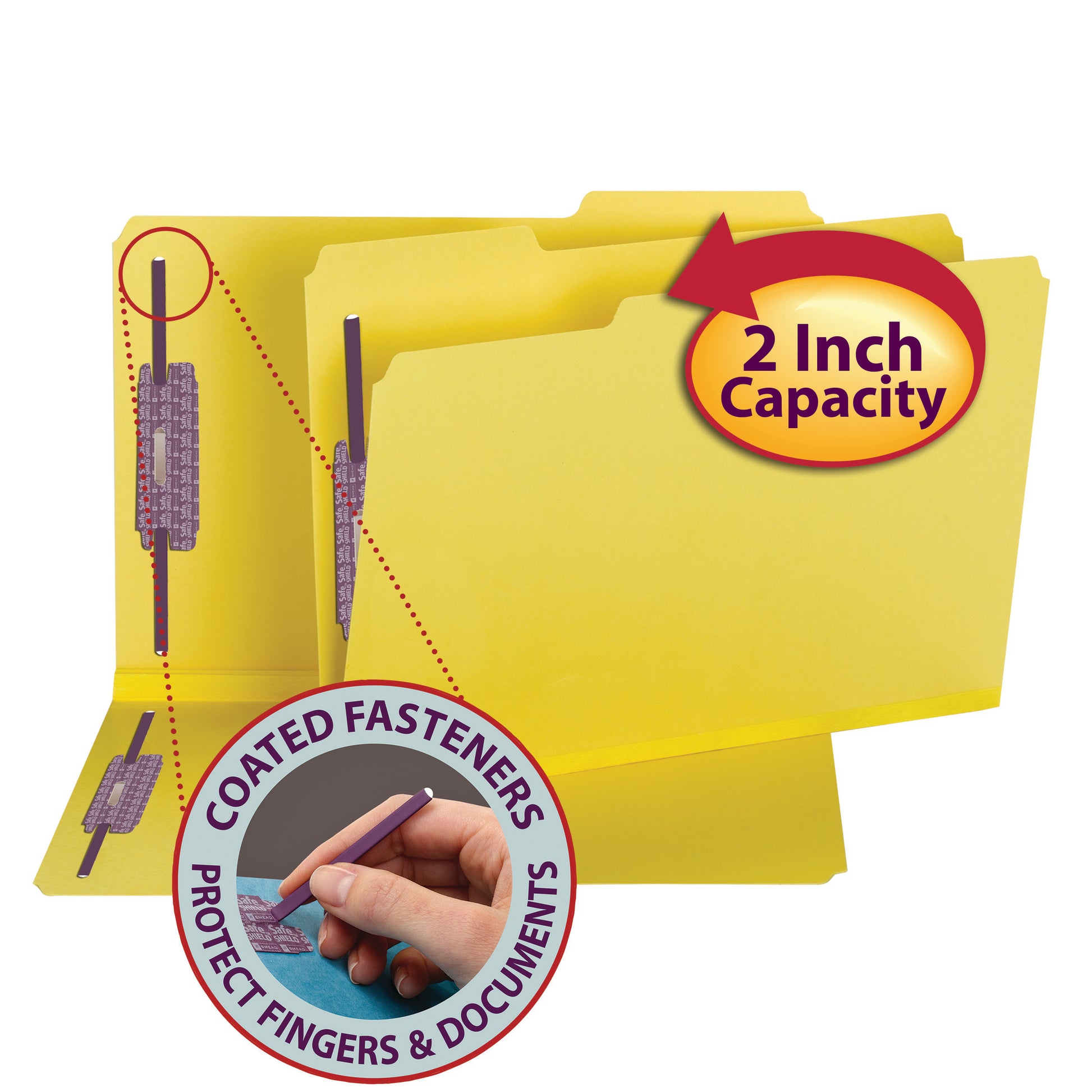 Bulk Discounts on Smead Fastener Folders - Pressboard File Folder with SafeSHIELDâˆ† Fasteners, 2 Fasteners, 1/3-Cut Tab, 2" Expansion, Legal Size, Yellow, 25 per Box (19939)