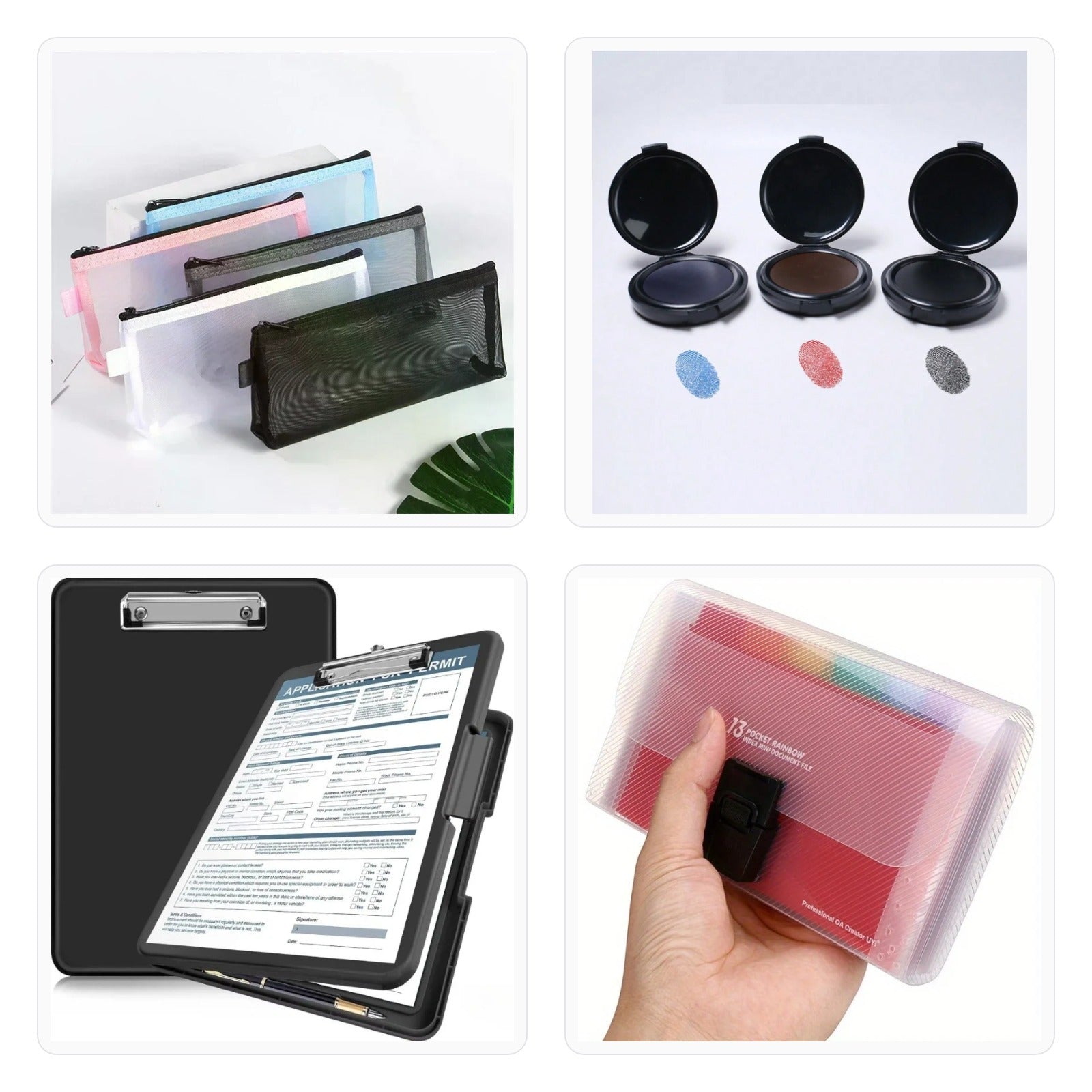 A four-panel collage showing different product types: three mesh zip pouches in assorted colors, three round makeup compact cases with color sample dots below, a black clipboard with a document inserted, and a hand holding a clear plastic organizer containing a red booklet.