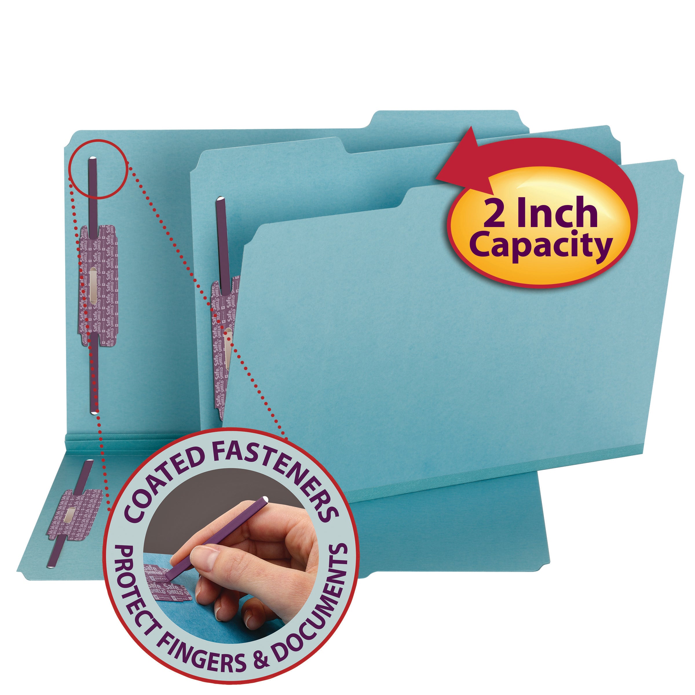 Bulk Discounts on Smead Fastener Folders - Pressboard File Folder with SafeSHIELD∆ Fasteners, 2 Fasteners, 1/3-Cut Tab, 2" Expansion, Legal Size, Blue, 25 per Box (19937)