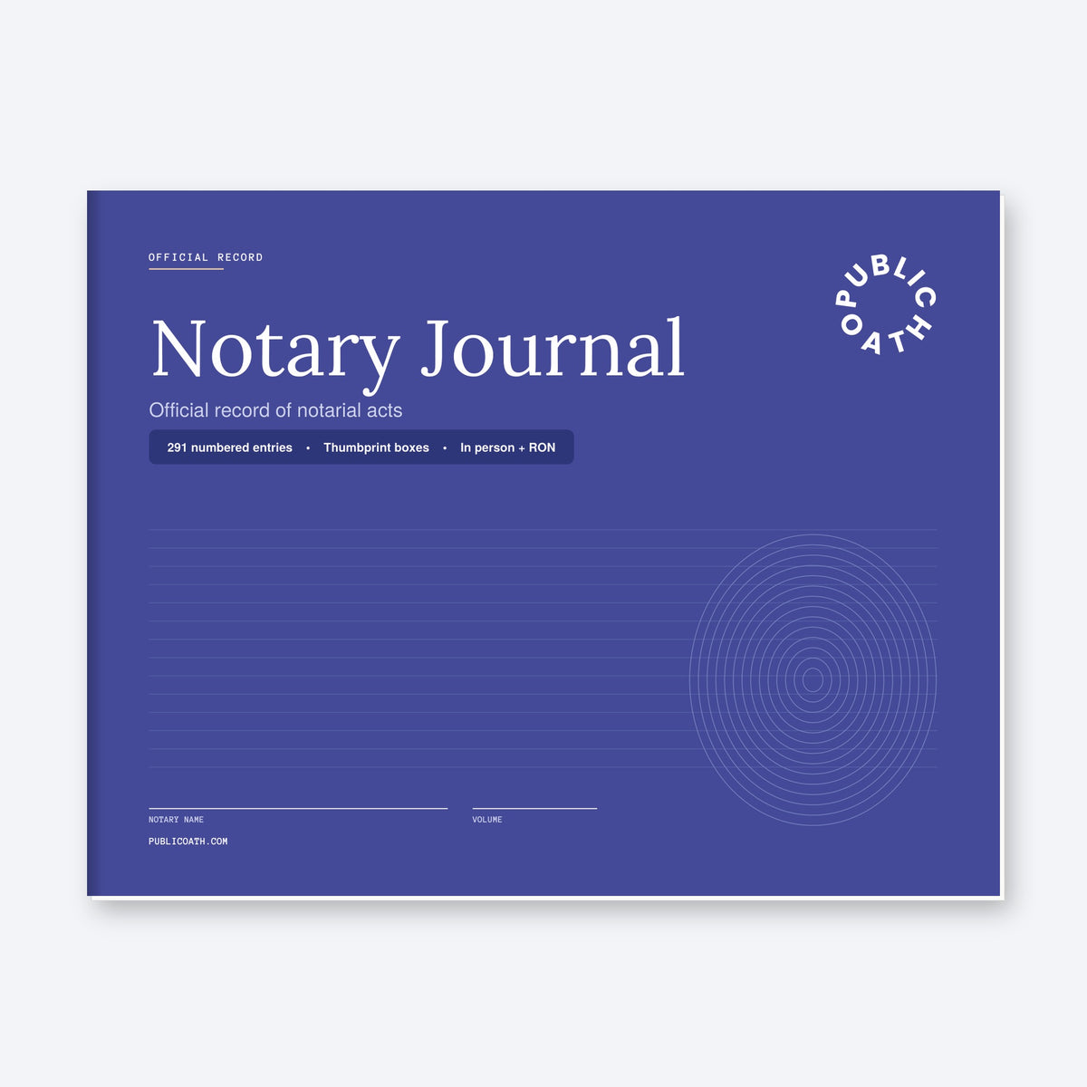 Public Oath Notary Journal front cover, blue with Public Oath logo