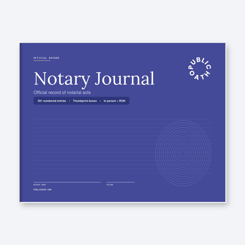 Public Oath Notary Journal front cover, blue with Public Oath logo