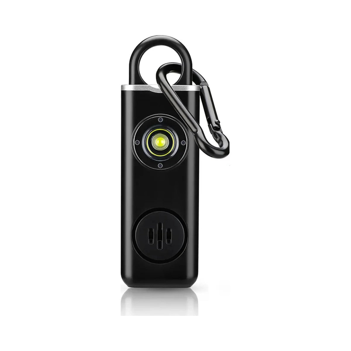 Rechargeable personal safety alarm, black, with carabiner
