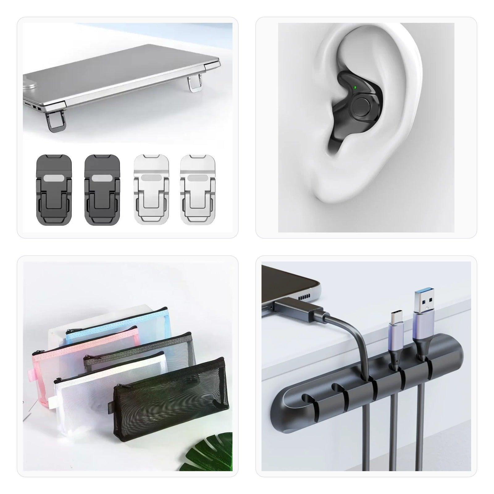 A 2x2 collage showing a slim black cable management strip and accessories in use: a laptop under a metal tray, earbuds in an ear, stacked files in a clear organizer, and cables plugged into the black strip against a white wall.