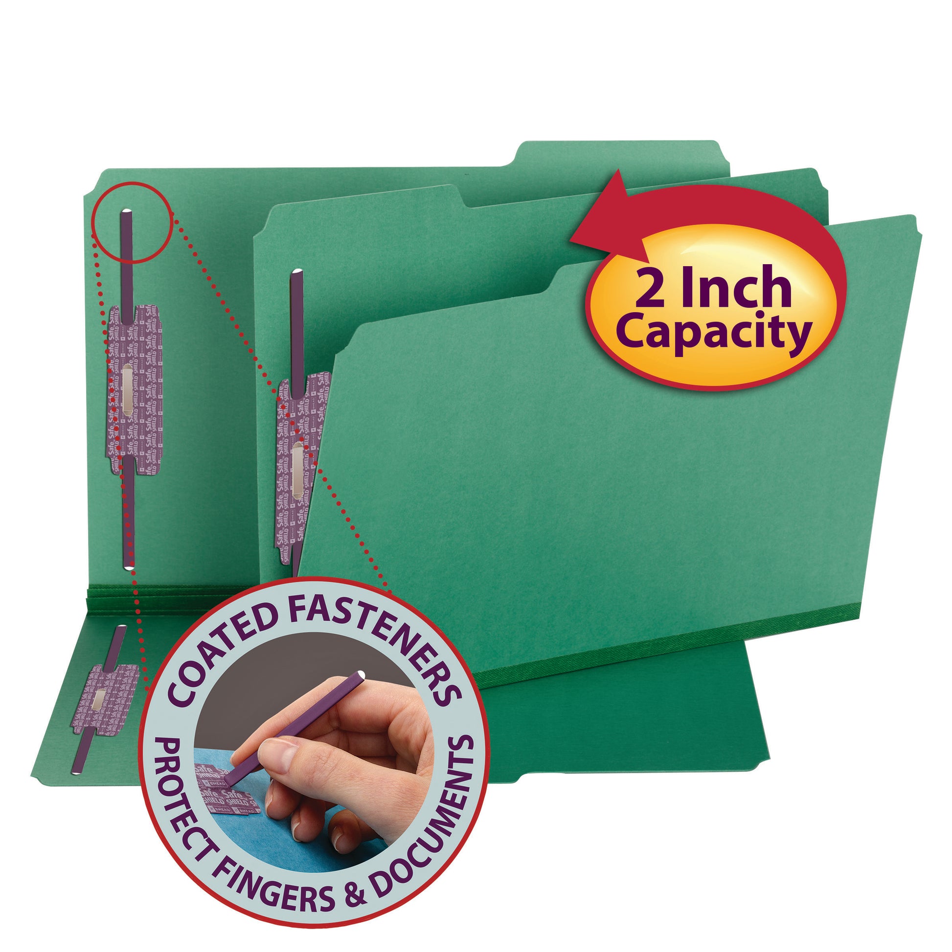 Bulk Discounts on Smead Fastener Folders - Pressboard File Folder with SafeSHIELD∆ Fasteners, 2 Fasteners, 1/3-Cut Tab, 2" Expansion, Legal Size, Green, 25 per Box (19938)